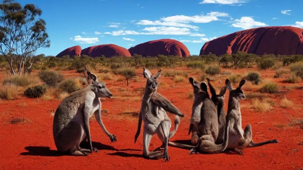 Image similar to australia, outback, uluru, kangaroos, anime style