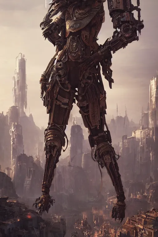 Image similar to a portrait of a tribal women with sci-fi armour standing in the foreground of a mechanical city by Greg Rutkowski, Sung Choi, Mitchell Mohrhauser, Maciej Kuciara, Johnson Ting, Maxim Verehin, Peter Konig, final fantasy , mythical, 8k photorealistic, cinematic lighting, HD, high details, atmospheric,