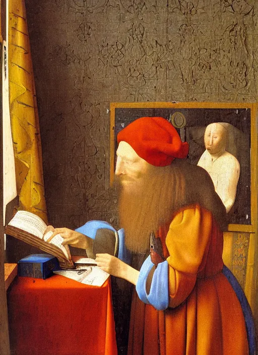 Prompt: bookchelf with curiosities, medieval painting by jan van eyck, johannes vermeer, florence