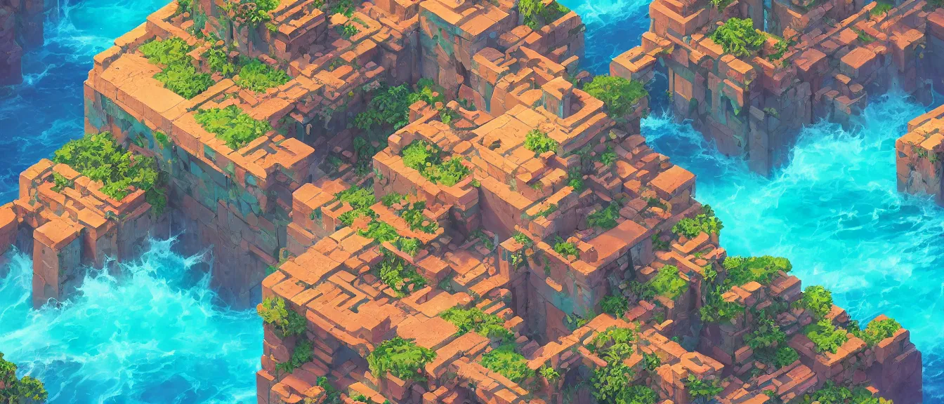 Image similar to isometric aztec ruins on a colorful ocean, unreal engine, fantasy art by greg, loish, rhads, ferdinand knab, makoto shinkai, lois van baarle, ilya kuvshinov, rossdraws, tom bagshaw, global illumination, radiant light, highly detailed and intricate environment, trending onstudio ghibli, octane render, 8 k