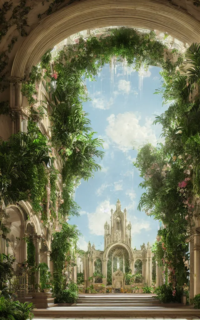 Prompt: cathedral interior with koi pond in the middle surrounded by palm trees, ivy, flowers, tropical plants, roses, and with archways, rendered in octane render with photorealistic lighting, cinematic, horizontal symmetry, a flemish baroque by thomas cole, unsplash, baroque, sanctuary, unsplash contest winner, maximalism, sanctuary