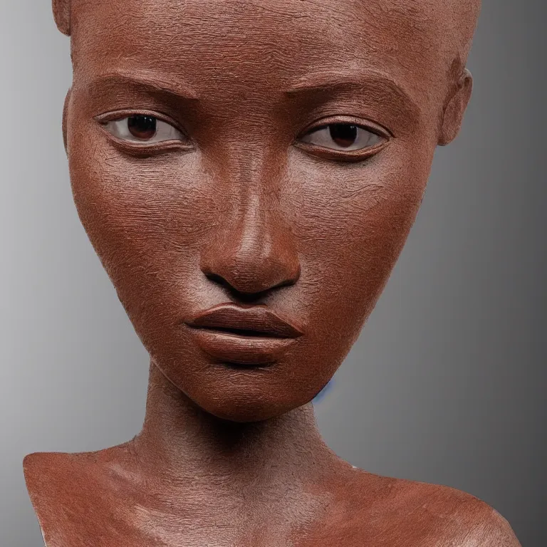 Prompt: monumental sculpture geometric minimalist!!! portrait of a lupita nyong'o, beautiful symmetrical!! face accurate face detailed face realistic proportions, hand - carved out of red oak wood on a pedestal by stephan balkenhol and martin puryear, cinematic lighting shocking detail 8 k