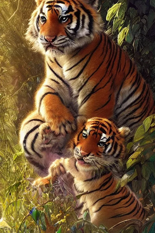 Image similar to beautiful cottagecore tiger puppy holding a little monkey, psychedelic Hair, magical forest, intricate, elegant, highly detailed, digital painting, artstation, concept art, smooth, sharp, focus, illustration, art by artgerm and greg rutkowski and alphonse mucha