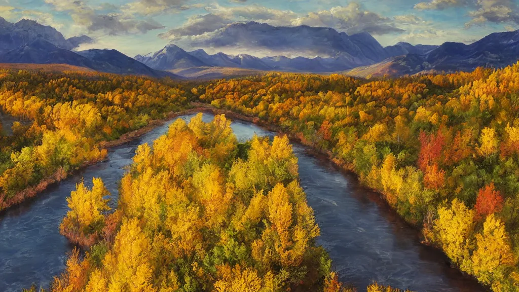 Image similar to The most beautiful panoramic landscape, oil painting, where the mountains are towering over the valley below their peaks shrouded in mist. The sun is just peeking over the horizon producing an awesome flare and the sky is ablaze with warm colors and cirrus clouds. The river is winding its way through the valley and the trees are starting to turn yellow and red, by Greg Rutkowski, aerial view