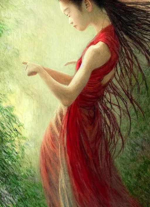 Image similar to a gorgeous prima ballerina japanese art with a red scarf, medium long brown hair, green eyes, is looking at a bird, ethereal, horror, fantasy art by greg rutkowski and magali villeneuve and claude monet