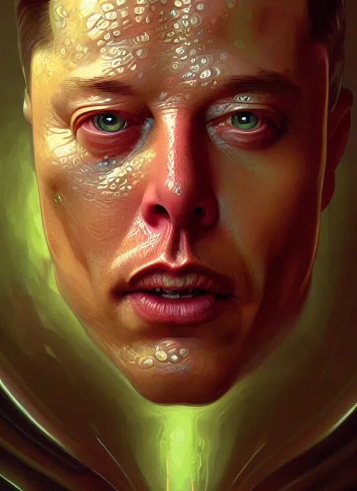 Image similar to elon musk as slimy mollusk, drool, portrait, intricate, elegant, highly detailed, digital painting, artstation, concept art, wallpaper, smooth, sharp focus, illustration, art by h. r. giger and artgerm and greg rutkowski and alphonse mucha