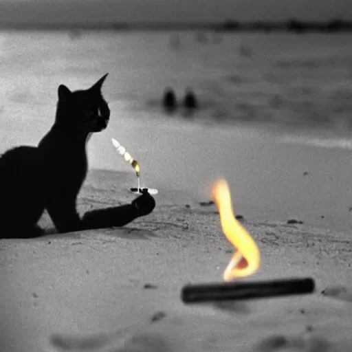 Image similar to a cat lighting a cigar on a beach in 1980, 30mm film