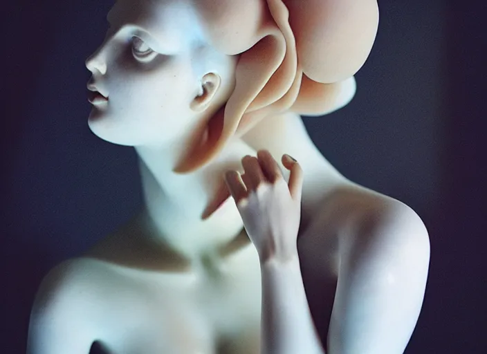 Image similar to cinestill 5 0 d photo portrait of a beautiful hybrid woman - statue in style of tim walker by roberto ferri, body skin weird marble, hair is intricate tulle, 5 0 mm lens, f 1. 2, sharp focus, ethereal, emotionally evoking, head in focus, bokeh volumetric lighting, tonal colors outdoor