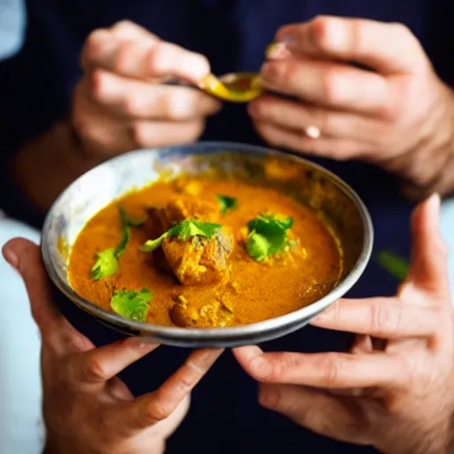 Image similar to photo of a man ecstatically eating a bowl of indian curry. weeping with joy, hands raised