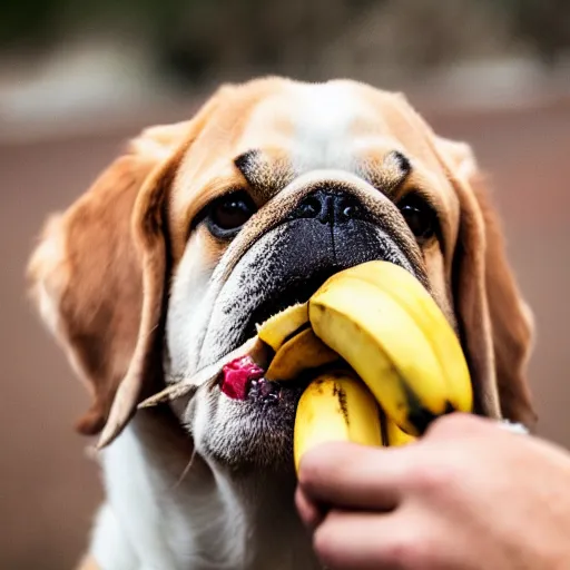 Image similar to A dog eating a banana, (EOS 5DS R, ISO100, f/8, 1/125, 84mm, postprocessed, crisp face, facial features)