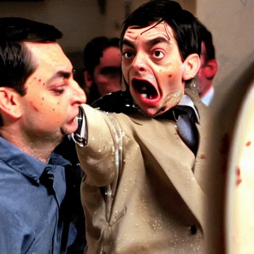 Image similar to mr. bean throwing beans on top of tobey maguire's face, really annoyed, messy, greasy, wet, sloppy