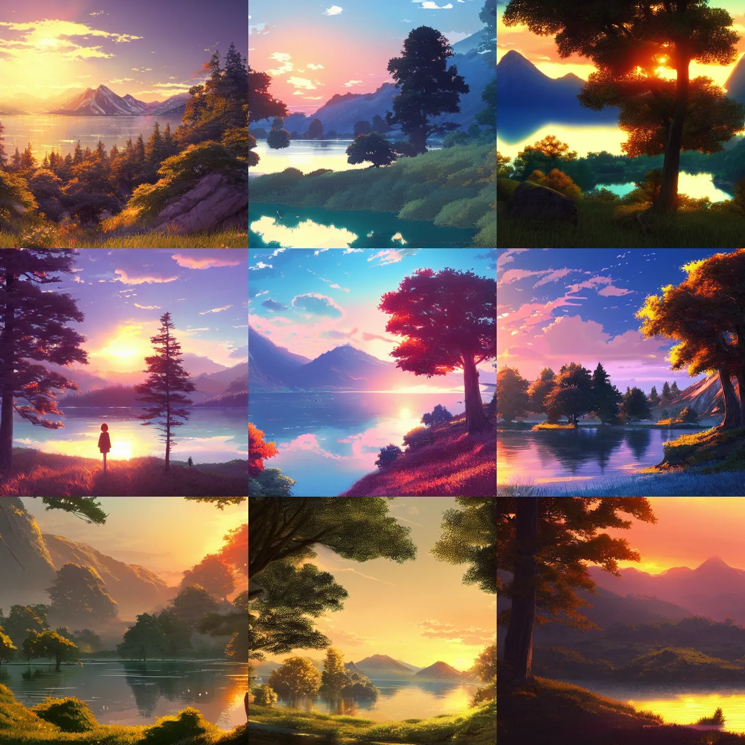 Image similar to a masterpiece detailed beautiful landscape, trees, lake, mountains, golden hour, sunset, by Makoto Shinkai