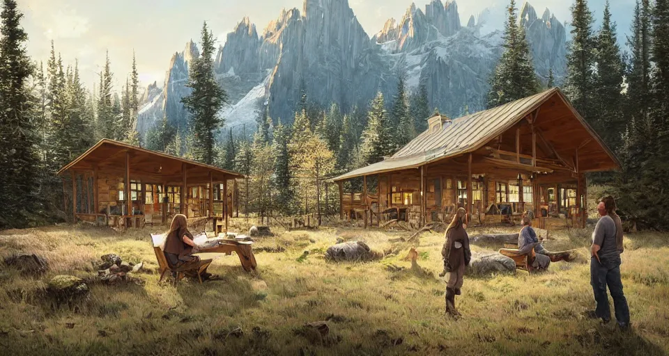 Image similar to cabela's beautiful comfortable modular pop - up insulated all terrain family dwelling, cabin,, person in foreground, mountainous forested wilderness open fields, beautiful views, painterly concept art, joanna gaines, environmental concept art, farmhouse, magnolia, concept art illustration, by james gurney, by craig mullins, by greg rutkowski trending on artstation