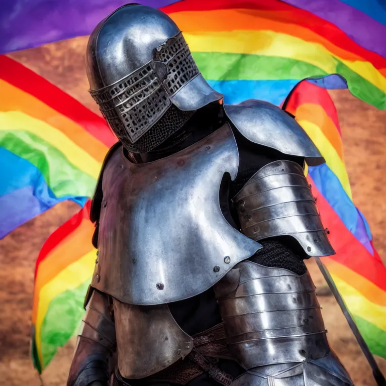 Image similar to High quality photograph from a middle aged Latin man with short hair, with facial hear, wear a medieval knight armor with open helmet, stands inside a queer pride rainbow bar UHD 8K