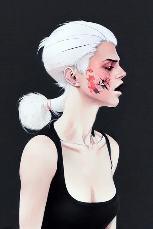 Image similar to a ultradetailed beautiful painting of a stylish woman in with white hair in a ponytail, she is wearing a black tank top, by conrad roset, greg rutkowski and makoto shinkai trending on artstation