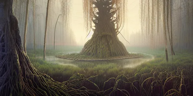 Image similar to painting dreadful forest of weeping willows in a bog by tomasz alen kopera and cornelius dammrich with futuristic wood castle by eddie jones and simon stahlenhag