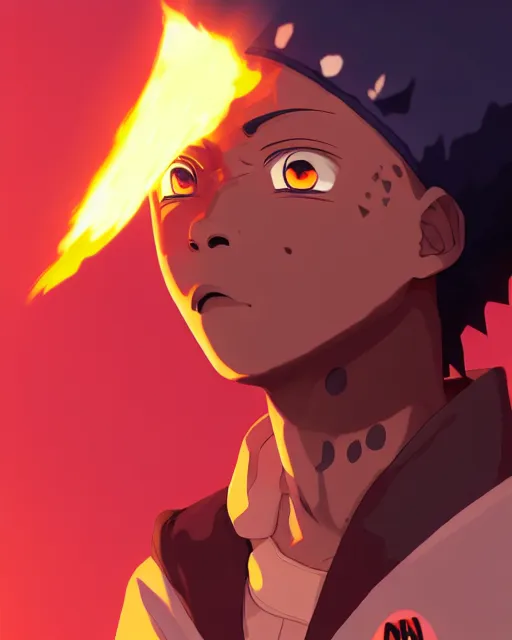 Image similar to 2 0 year old black man with short hair in naruto as a hidden leaf village ninja, smoking a joint, medium shot close up, details, sharp focus, illustration, by jordan grimmer and greg rutkowski, trending artstation, pixiv, digital art