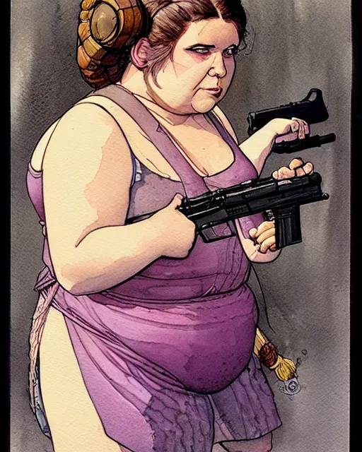 Image similar to a realistic and atmospheric watercolour fantasy character concept art portrait of a fat, chibi princess leia with pink eyes wearing a wife beater and holding a gun. by rebecca guay, michael kaluta, charles vess and jean moebius giraud