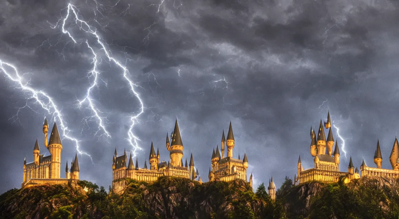 Image similar to pc background, 4 k, hogwarts castle and lightning strikes in bad weather