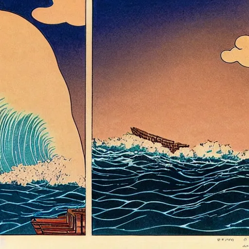 Prompt: by osamu tezuka balmy, monumental amaranth, cinnamon. the mixed mediart of a huge wave about to crash down on three small boats. the boats are filled with people, & they all look terrified.