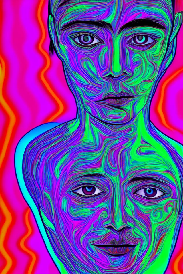 Image similar to hollow face portrait, stunning psychedelic background