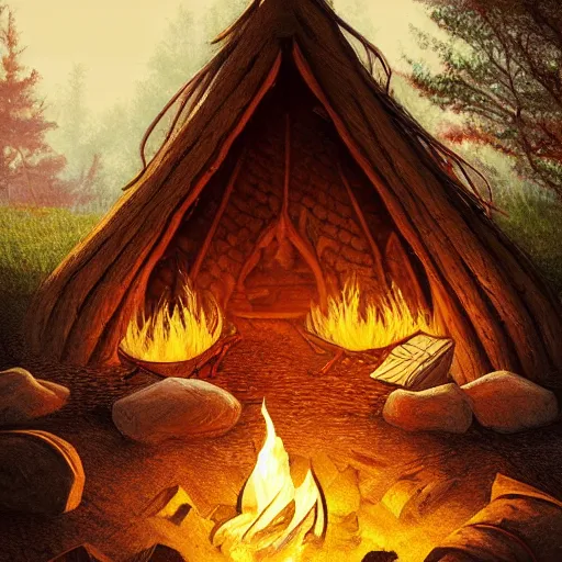 Image similar to A dragon native living in a small clay hut near a campfire, extremely stunning and detailed digital painting, cinematic, 8k, dreamy, immersive