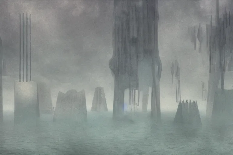 Prompt: a vast, surreal, underwater city in the style of kay sage