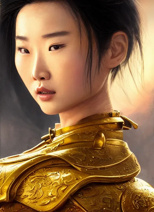 Prompt: realistic detailed painting of Mulan wearing sculpted textured golden armor, intricate complexity, close-up of the front of the face, super sophisticated texture, resolute expression, back lighting, 4K resolution, symmetric, clear facial features, golden ratio, Kojima, Amano, Charlie Bowater, Karol Bak, rich deep colors, Unreal Engine 5