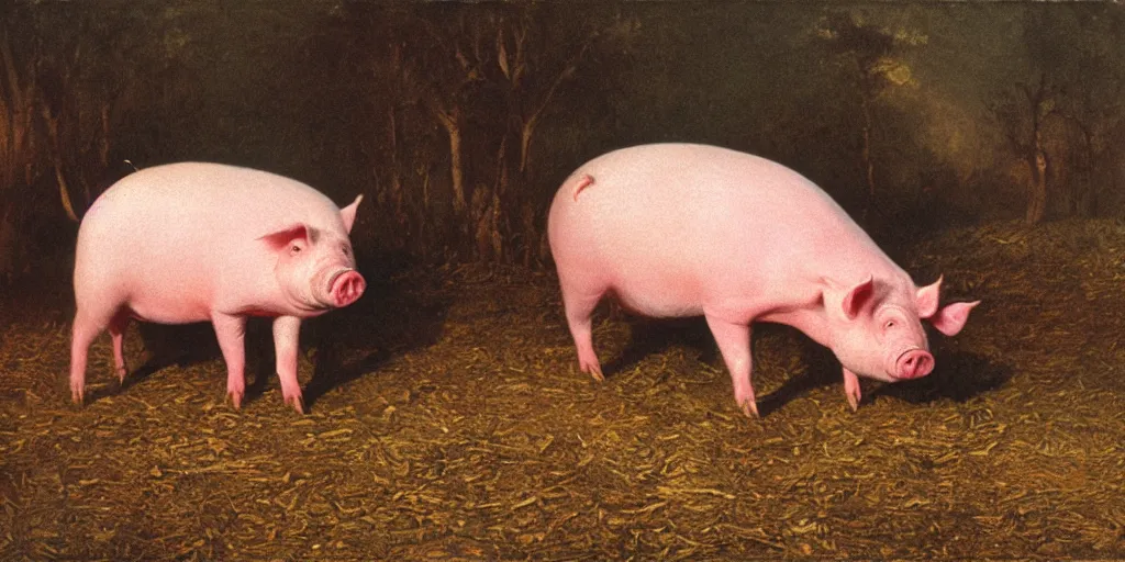 Prompt: The last pig on earth, 1860s oil painting style, soft light, high contrast, high saturation colors, film composition