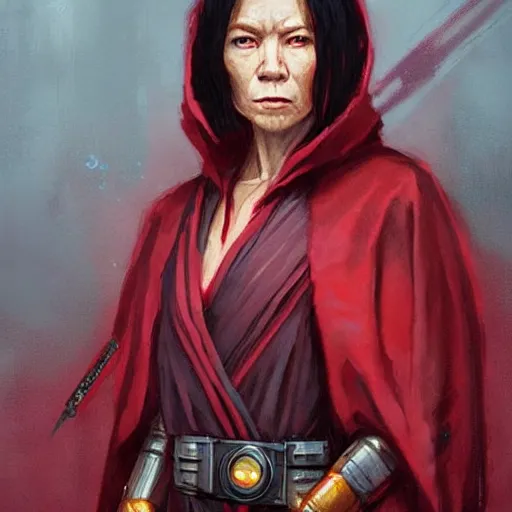 Image similar to portrait of a woman by greg rutkowski, jedi queen, half asian, black bob hair, star wars expanded universe, she is about 5 0 years old, wearing jedi red robes.