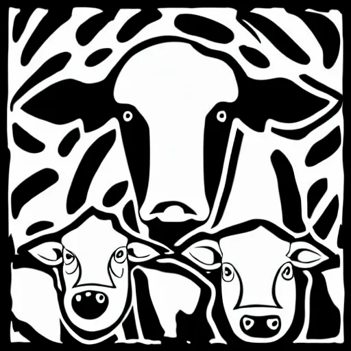 Image similar to antichrist, cow, pig, sheep, chicken, white on black vector ink drawing