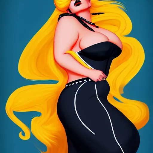 Prompt: rockabilly curvy woman, long blond hair with scarf, blue eyes, wholesome, country, southern, digital art, cinematic, concept art, 8k, painting, trending on artstation, wide shot, full shot