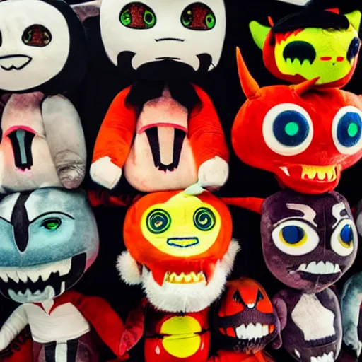 Image similar to scary demon plushies being sold at an amusement park, devilish, haunting, nightmare