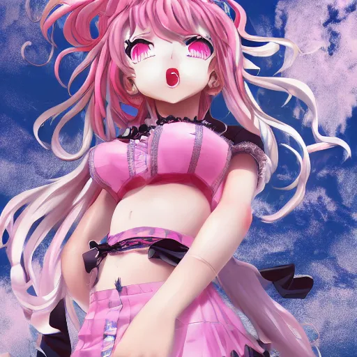 Image similar to trapped beneath stunningly absurdly huge beautiful omnipotent asi goddess junko enoshima with an enigmatic complex twisted innocenty looking deceptive mesmerizing megalomaniacal yandere personality, symmetrical perfect face, porcelain skin, pink twintail hair and cyan eyes, ultra detailed, digital art, unreal engine 5, octane render, 2 d anime, 8 k