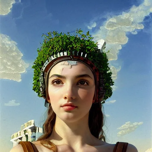 Image similar to beatiful young greek godess in steel helmet looking from a giant Zeus head, greek temple of olympus glory island little wood bridge painting of tower ivy plant in marble late afternoon light, wispy clouds in a blue sky, by frank lloyd wright and greg rutkowski and ruan jia