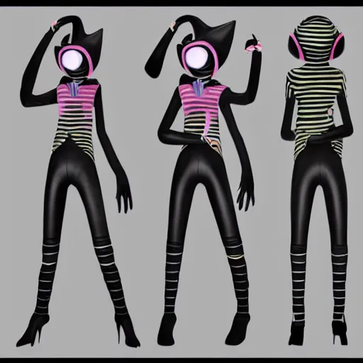 Prompt: character designs for a fashionable nonbinary androgynous gothic manta ray humanoid person with manta ray fin arms who sells empty spray paint cans as a scam and is always covered in paint and acting shady, designed by splatoon nintendo, inspired by tim shafer psychonauts 2 by double fine, cgi, professional design, gaming