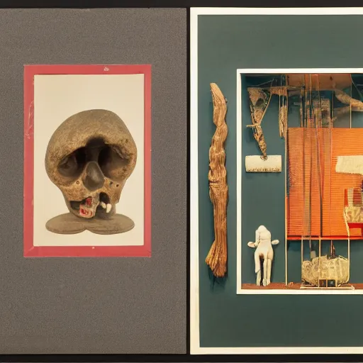 Image similar to A three color offset photography of objects on display, anthropology of wonder, exotic artifacts, bauhaus, colonial expedition, catalog exhibition, 60s style