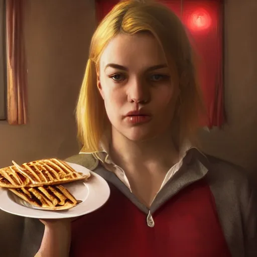 Image similar to portrait of a blonde chubby woman eating kebab, light stubble with red shirt inside victorian mansion ,digital art,photorealistoc,art by greg rutkowski,hyperdetailed,western comic style,comic,comic style,sharp lineart,professional lighting,deviantart,artstation,trevor henderson,rossdtaws,cinematic,dramatic