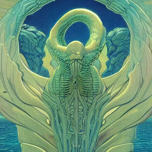 Image similar to hydra highly detailed, artstation, in the style of moebius, art by rene magritte and jean delville