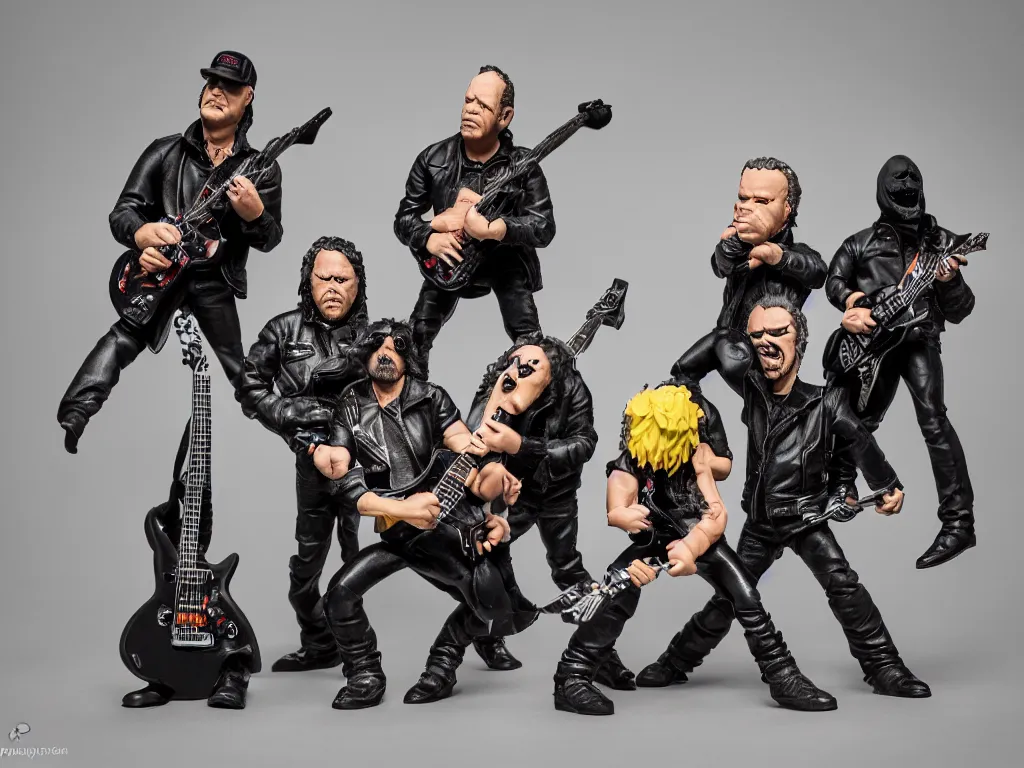 Prompt: metallica as vinyl toys by pay jay figure, studio product photography, moody lighting, single strobe light, low - key light, dark background