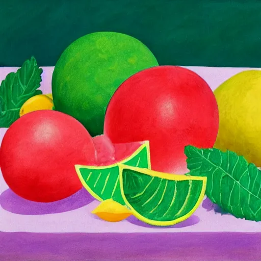 Prompt: retro, hd illustration of watermelons and lemons, mint leaves, inspired by watercolor masterpieces, matisse, malevich, david hockney, colorful, happy, trending on artstation, 4 k