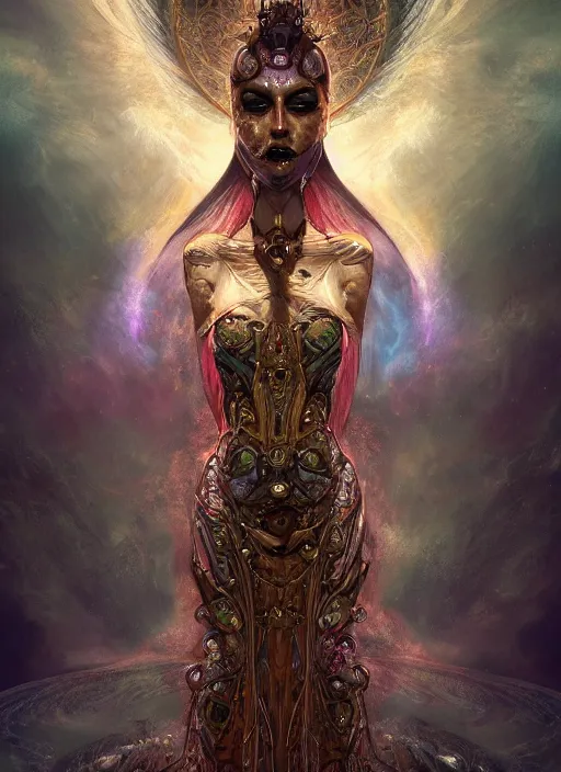 Image similar to epic portrait of menacing and agitated yet stunningly beautiful biomechanical djinn divine priest of creation overseeing the iridescent fabric of the universe, by charlie bowater, mandy jurgens, gustav klimt, octane render, dramatic camera angle, 4k, 8k, high detail, HDR, by tom bagshaw, powerful, with inspiration from Beksinski, inspired by greek goddess Athena