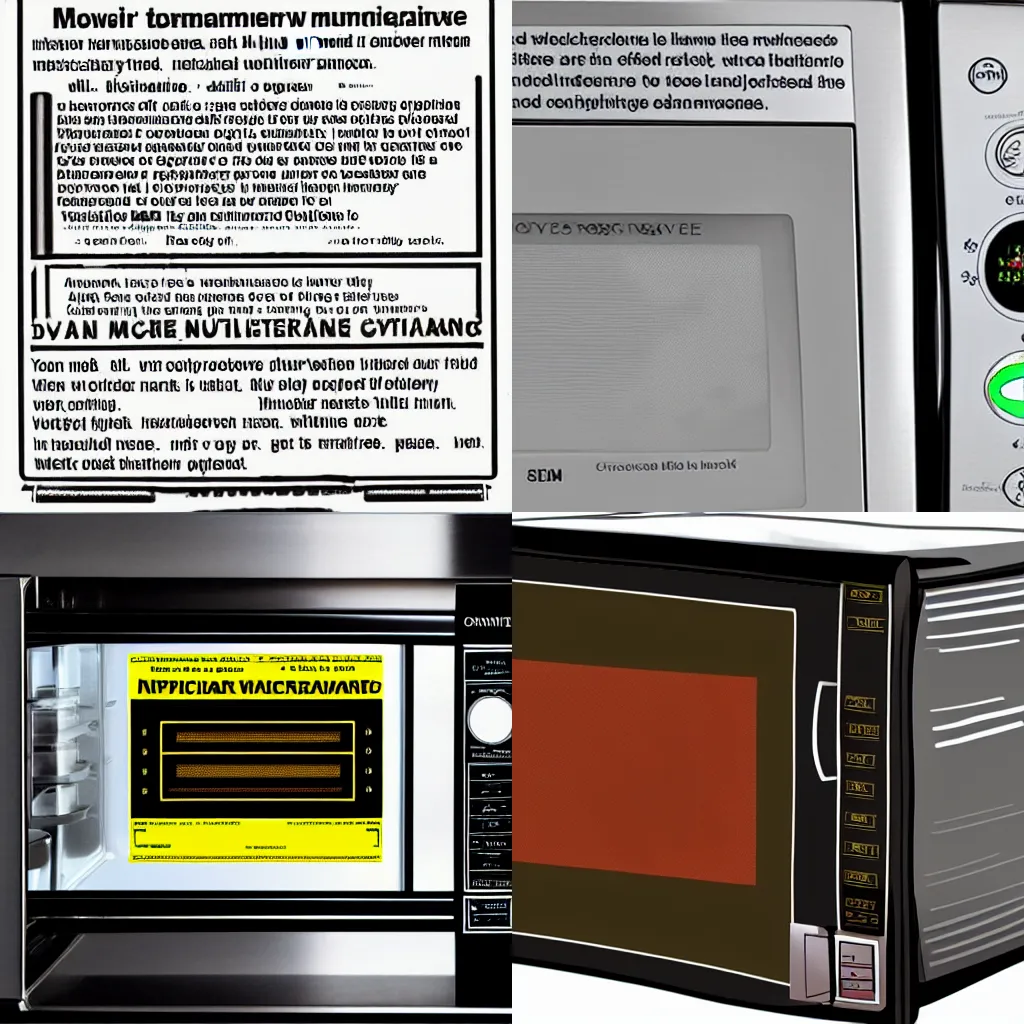 Prompt: overly complicated warning label for a nuclear microwave oven