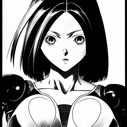 Image similar to alita by yukito kishiro. medium shot. black and white manga. pencil drawing. high detailed face