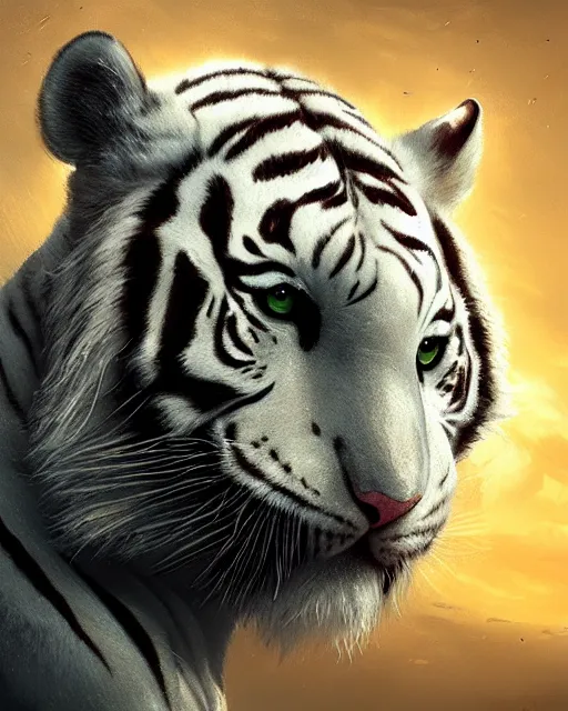 Image similar to A white tiger, highly detailed face, full body, fantasy art, monster art, in the style of greg rutkowski, illustration, epic, fantasy, intricate, hyper detailed, artstation, concept art, smooth, sharp focus, ray tracing