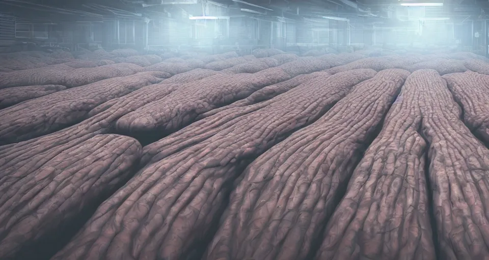 Image similar to illustration of rows of limp human bodies growing like fruit on display in a cold warehouse, refrigerated storage facility, rolling fog, cyberpunk, dystopian, dramatic lighting, unreal engine 5, colorful