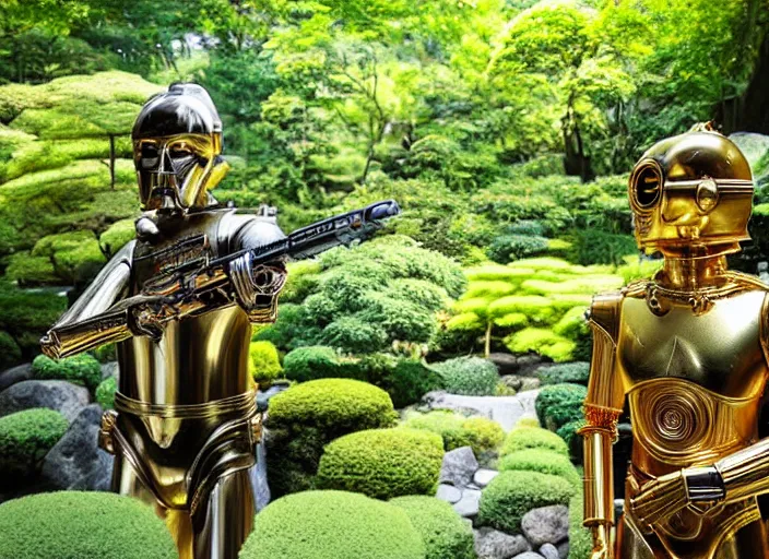 Image similar to C-3PO sitting in a lush japanese garden, C-3PO is holding an ar-15, waterfall, bright sun, still from star wars, shot on film, depth of field, nature show, incredible detail, dramatic lighting