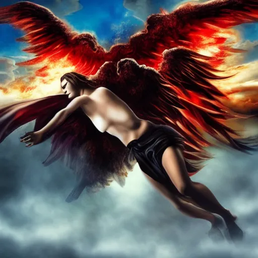 Prompt: Two women: one white winged angel and one red tailed devil. Angel battling devil flying kissing. Scene airborne in the clouds. Background lightning and explosions and black smoke. Detailed, hyper realistic, epic, Backlit