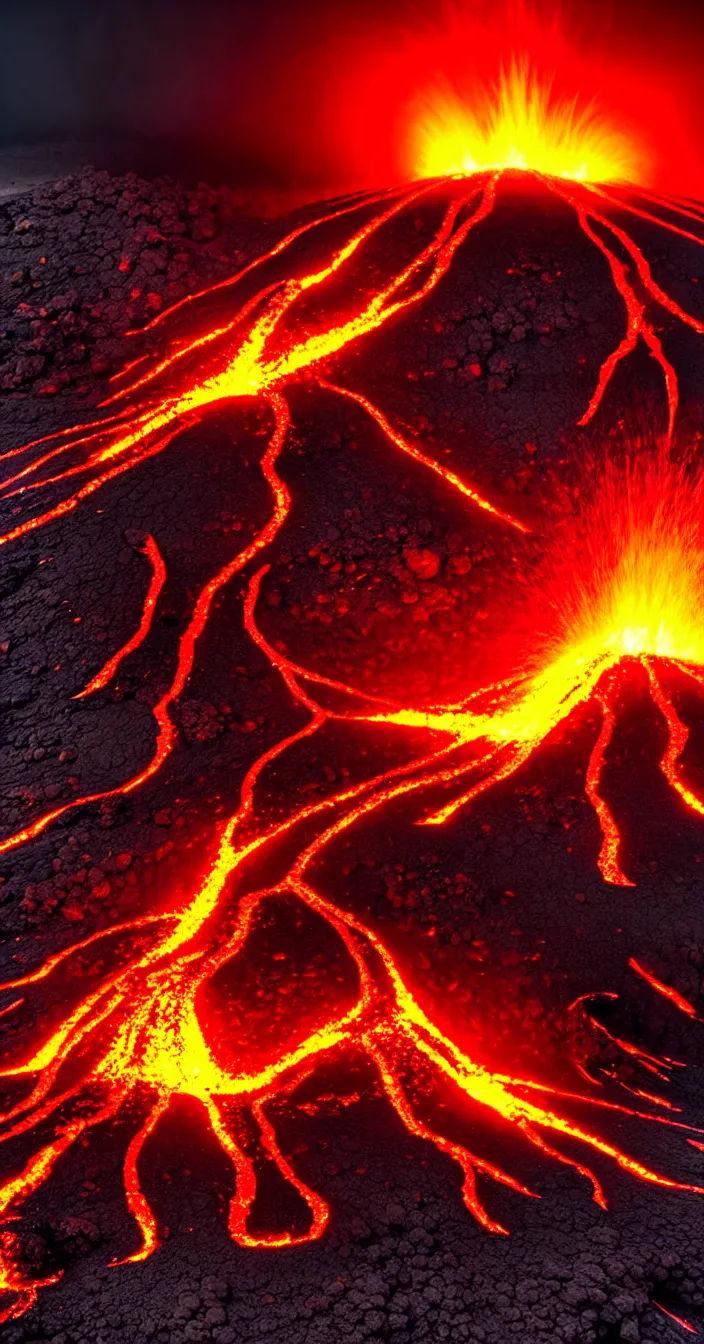 Prompt: realistic photo of volcanic lava eruption at too many locations, wide angle shot, very sharp focus, dark background, very hyper realistic, highly detailed, fantasy art station