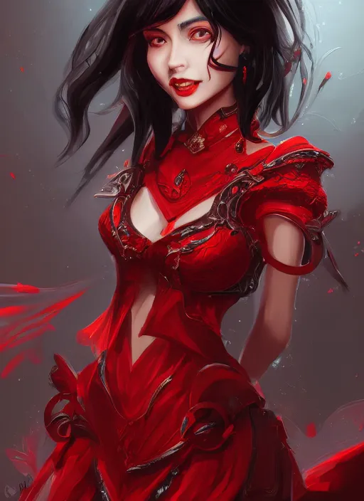 Image similar to a highly detailed illustration of hime cut black haired woman wearing red dress, dramatic smiling pose, intricate, elegant, highly detailed, centered, digital painting, artstation, concept art, smooth, sharp focus, league of legends concept art, wlop